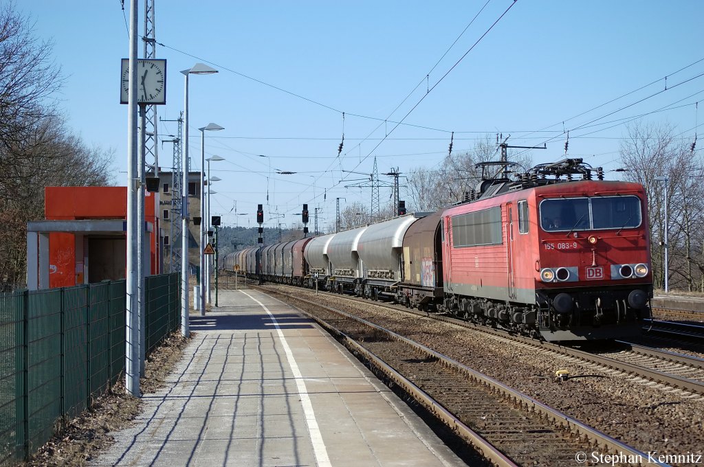 155 083-9 mit einem gemischten GZ in Saarmund. 08.03.2011