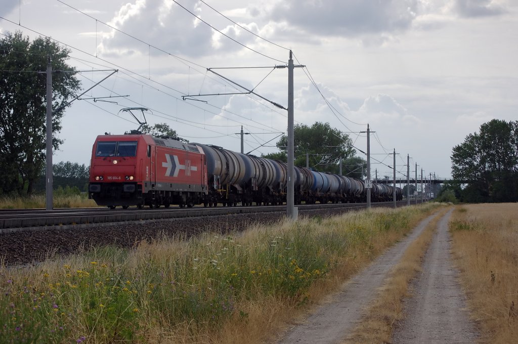 185 604-6 (HGK 2062) mit einem Kesselzug zwischen Growudicke und Rathenow in Richtung Wustermark. 26.07.2010