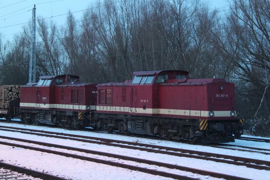 204 347-9+204 311-5 mit Holzzug von Rostock-Bramow nach Stendal-Niedergrne abgestellt im Bahnhof Rostock-Bramow.25.01.2013 