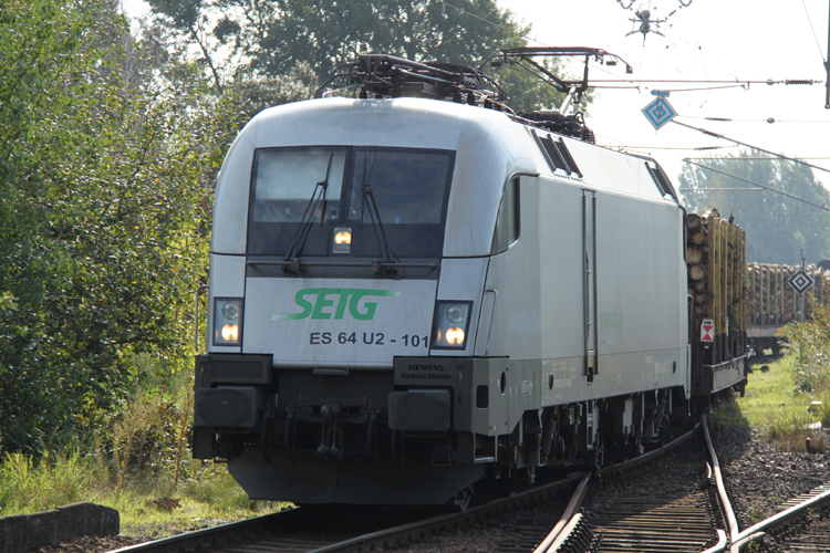 ES64 U2-101(182 601-5)mit Holzzug Rostock-Bramow nach Stendal-Niedergrne im Bahnhof Rostock-Bramow.24.09.2011