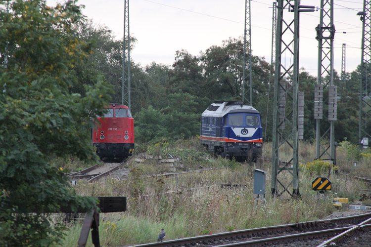 gut versteckt haben sich 228 757-1 und 232 103-2 hinter dem Bahnhof Stendal.27.08.2011