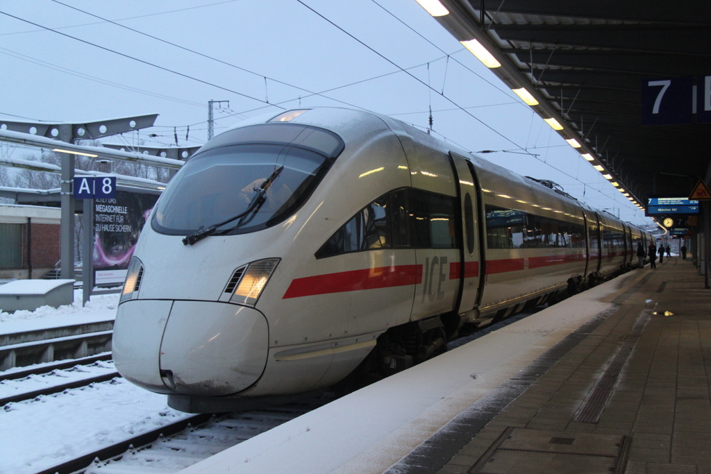 BB ICE-T 4011 591-7 als ICE 1509 Warnemnde-Mnchen kurz nach der Ankunft im Rostocker Hbf.09.02.2013