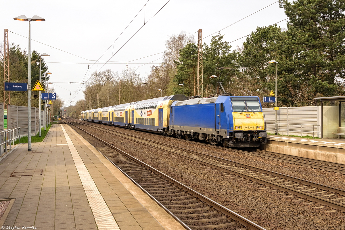 146 520-2 metronom Eisenbahngesellschaft mbH mit dem RE3 (ME 82120) von Uelzen nach Hamburg Hbf, bei der Ausfahrt aus Bienenbüttel. 31.03.2017