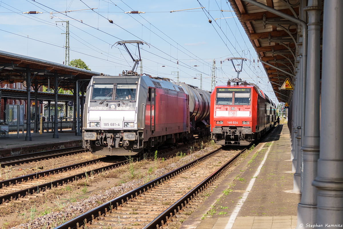 185 681-4 Railpool GmbH für LEG - Leipziger Eisenbahngesellschaft mbH mit einem Kesselzug  Dieselkraftstoff oder Gasöl oder Heizöl (leicht)  in Stendal und fuhr weiter in Richtung Salzwedel. 27.06.2017