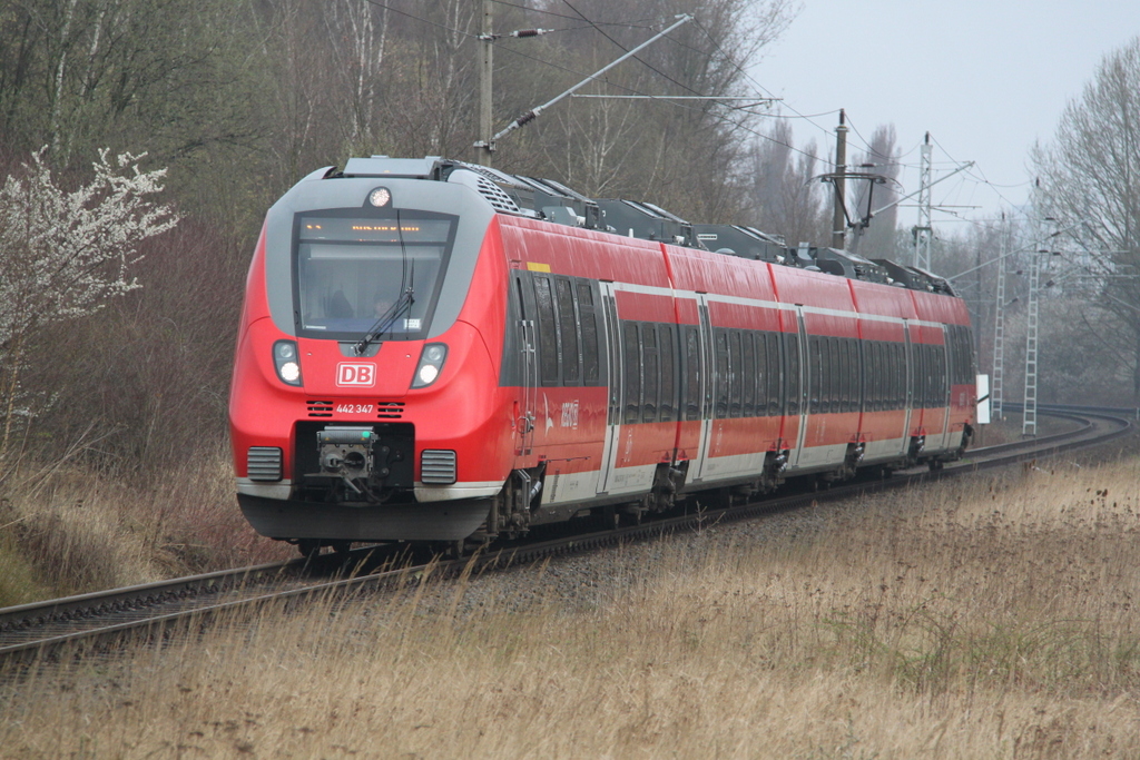 442 347 als S1(Warnemünde-Rostock)bei der Einfahrt im Haltepunkt Rostock-Lichtenhagen.02.04.2017