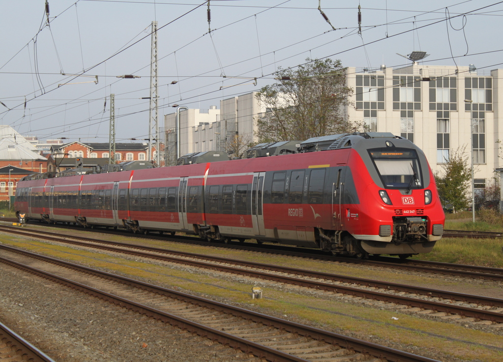 442 347 als S3(33450)von Güstrow nach Warnemünde bei der Einfahrt im Rostocker Hbf.04.11.2017