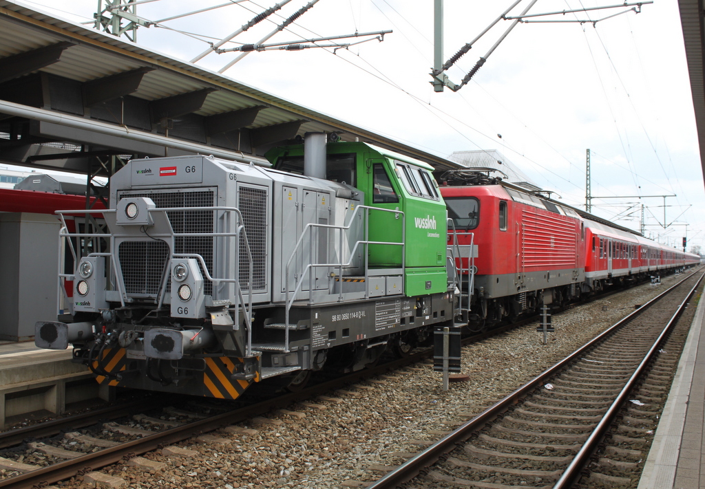 650 114-8 schob am 29.04.2016 112 185 mit einigen Halberstdter Mitteleinstiegswagen und DB-Regio Bimz in Richtung BW Rostock Hbf