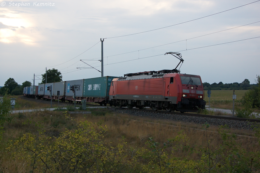 Auf dem Weg von Hamburg nach Tschechien rollte die fr die DB Schenker Rail Deutschland AG fahrende 189 003-7 aus Richtung Salzwedel kommend dem Stendaler Bahnhof entgegen und fuhr dann in Richtung Magdeburg weiter. 15.08.2013