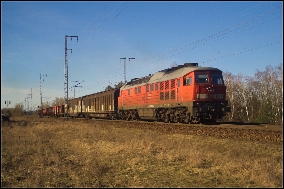 DB Cargo 233 233-6 fuhr mit einem gemischten Güterzug am 06.04.2018 durch die Berliner Wuhlheide.