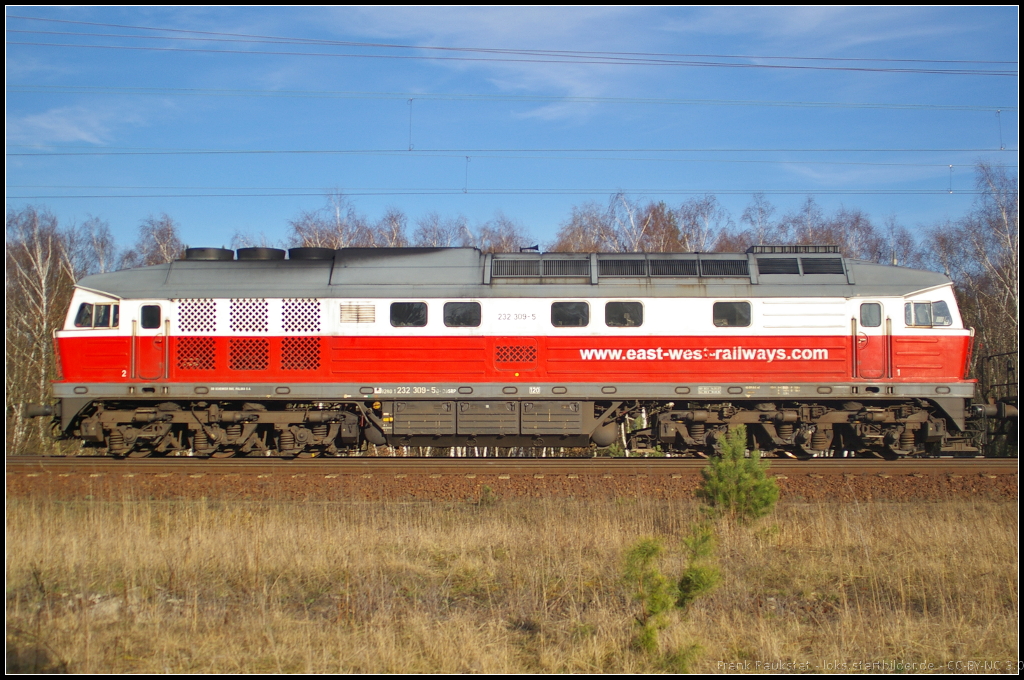 DB Schenker 232 309-5 in der Seitenansicht. Die Lok zog am 20.03.2014 einen Kesselwagen-Zug durch die Berliner Wuhlheide