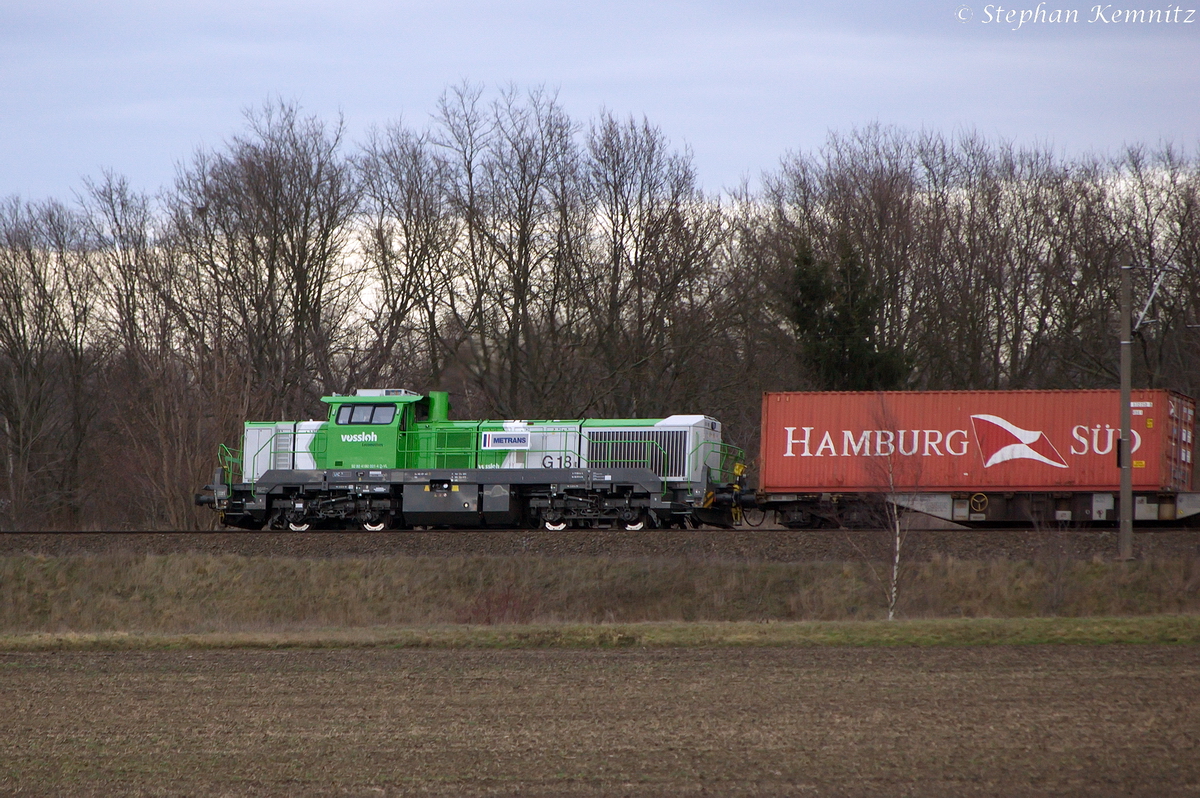 Die Vossloh G 18 (4180 001-4) ist momentan für METRANS Rail s.r.o im Testeinsatz und war mit einem Containerzug nach Hamburg über Wittenberge unterwegs in Stendal(Wahrburg). 08.02.2014