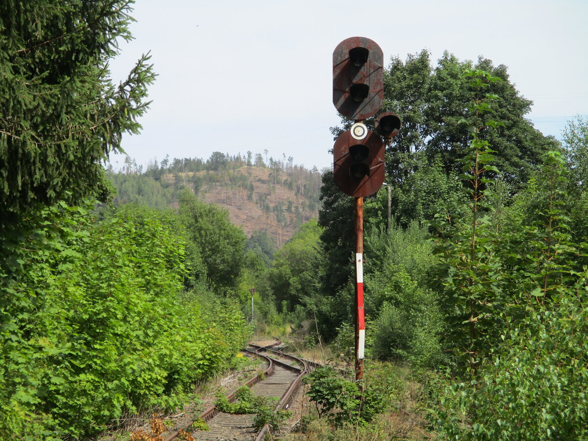 Im stillgelegten Bahnhof Gräfenthal gibt es noch EZMG Signale,die leider außer Betrieb sind.Hier das Ausfahrsignal Richtung Probstzella am 29.August 2022.