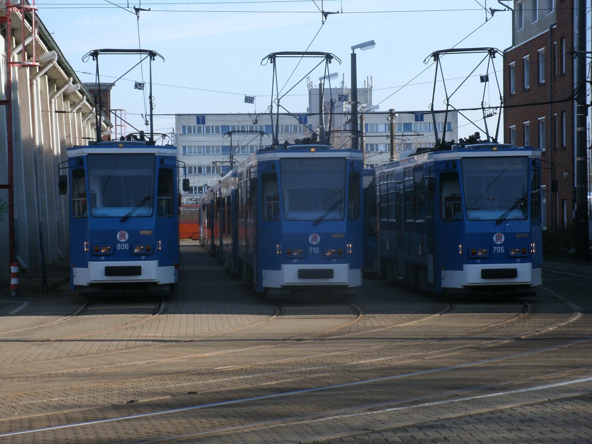 Straßenbahnparade im Depot Hamburger Straße in Rostock am 23.Februar 2014.