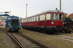 Schwerin-Spezial/521451/vt-137-099-mit-beiwagen-vb VT 137 099 mit Beiwagen VB 147 052 vom Mecklenburgischen Eisenbahn-und Technikmuseum stand zu den Schweriner Modellbahn-Tagen drauen zur besichtigung.
