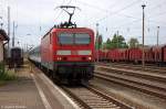 143 642-7 mit dem RE18 (RE 18410) von Dresden Hbf nach Cottbus, bei der Einfahrt in Cottbus. Der Zug bestand aus der 143 642-7, zwei IntEgro Wagen, ABy 407.1 und am Zugende die 143 809-2. 18.05.2012