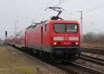 114 040-9 inklusive 3xDB-Regio Twindexxwagen mit RE 4361 von Rostock Hbf nach Elsterlwerda bei der Bereitstellung im Rostocker Hbf.04.03.2016