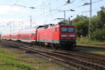 114 040 mit RE5(RE 4357)von Rostock Hbf nach Wnsdorf-Waldstadt bei der Ausfahrt um 08:38 Uhr im Rostocker Hbf.07.08.2016
