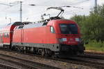 182 019-0 mit RE5(RE 4357 )von Rostock Hbf nach Oranienburg bei der Ausfahrt im Rostocker Hbf.10.06.2017