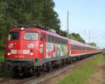 110 491-8 mit DZ 2680 von Warnemnde nach Berlin-Lichtenberg bei der Durchfahrt in Rostock-Bramow.10.06.2012