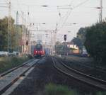 442 849 nhrte sich mit ihrer S1 von Warnemnde nach Rostock Hbf gegen 07:15 Uhr den Haltepunkt Rostock-Holbeinplatz whrend rechts die 346 020-3 mit dem Holzzug beschftigt war.03.09.2015