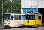 rostock/659965/tatra-t6a2704und-wagen-26-auf-dem Tatra T6A2(704)und Wagen 26 auf dem Gelände des Depot 12 in Rostock-Marienehe.