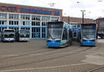 Die 6N-2 Wagen 607 und 604 waren am Mittag des 02.07.2023 auf dem Betriebshof der Rostocker Straßenbahn AG abgestellt,neben an waren die beiden Fahrschul-Busse ebenfalls abgestellt.