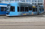 6N-1 Wagen 684 stand mit ZOLL-Werbung auf dem Betriebshof der Rostocker Straßenbahn AG.06.04.2024