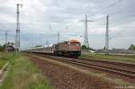 V 330.4 (250 004-9) hvle - Havellndische Eisenbahn AG mit einem Faccns Ganzzug in Satzkorn, ist spter in Richtung Golm weiter gefahren. 10.05.2012