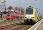 ODEG-Kiss 445 103-5 war am 02.05.2015 als Sonderzug Berlin-Warnemnde im Bahnhof Warnemnde zu Gast.