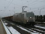 Zusammen mit vierzehn Eanos-Wagen stand die TXL Logistik 185 537-8 am Morgen,vom 18.Februar 2012,in Bergen/Rgen.