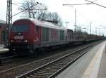 OHE Osthannoversche Eisenbahnen AG Wenige Minuten sp�ter am 13.April 2010 nochmal die OHE mit einem leeren Holzzug gezogen von 270080 bei der Durchfahrt durch Bergen/R�gen.