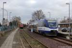 OLA VT 0006 der OLA - Ostseeland Verkehr GmbH als MR51 (MR 68924) von Brandenburg Hbf nach Rathenow, verl�sst hier den Brandenburger Hbf. Nach vier Jahren gutem Service und P�nktlichkeit, hei�t es nun f�r die M�rkische Regiobahn auf wiedersehen sagen. Ab Morgen (11.12.2011) �bernimmt die ODEG diese Strecke. 10.11.2011