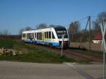 OLA Lange Zeit der Stammtriebwagen zwischen Bergen/R�gen und Lauterbach Mole der OLA-Triebwagen 701.Am 18.April 2009 unterwegs nach Bergen/R�gen bei Pastitz.