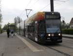 rostock NGT6 mit neue Werbung fuhr am 30.04.10 als Linie 5 von  S�dblick, Rostock Richtung Mecklenburger Allee,Rostock.fotografiert um 07.00 Uhr
in Rostock-Marienehe.