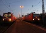Rostock-Spezial 143er Treffen im Bahnhof Rostock-Bramow link´s 143 952-0 mit S1 von Rostock Hbf nach Warnem�nde sie stand schadhaft im Bahnhof Rostock-Bramow Grund EBULA-Schaden und recht´s 143 300-2 ebenfalls mit S1 nach Warnem�nde.04.01.2012 