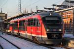 Rostock-Spezial 642 184 als RE1 von Ribnitz-Damgarten nach Schwerin Hbf bei der Ausfahrt im Rostocker Hbf.30.01.2012