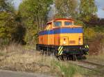 rostocker-fracht-und-fischereihafenrfh RFH-Lok V60 Nr.1 unterwegs am 31.Oktober 2009 auf dem �bergabegleis zum Hafen in Rostock Bramow.