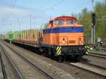 rostocker-fracht-und-fischereihafenrfh die V60 der Firma Rostocker Fracht-und Fischereihafen GmbH steht mit  dem Leerzug von Stendal-Niederg�rne im Bahnhof Rostock-Bramow(27.04.10)