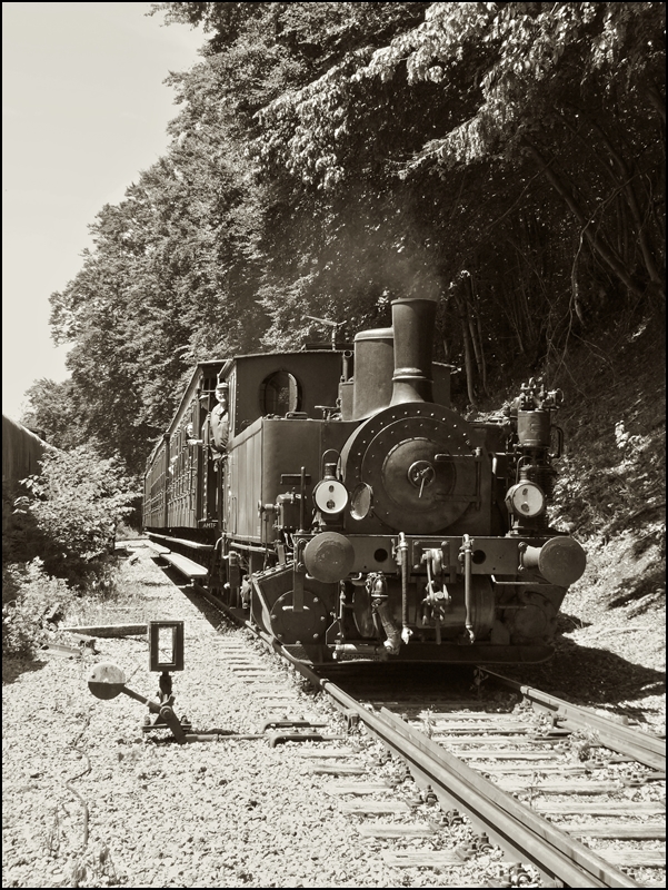 . Der Zug kommt! - Einfahrt des  Train 1900  in den Bahnhof von Fond de Gras. 16.06.2013 (Jeanny)

Bei dieser Zugzusammensetzung passt der Name der Museumsbahn  Train 1900  perfekt.
Die Lok N° 8 (ADI 8) aus dem Jahr 1900 war die erste Dampflok, die 1973 zur Museumsbahn kam und sie ist somit auch die Namensgeberin der Museumsbahn. Sie gehörte vorher der Hütte HADIR Differdange und verrichtete bis 2007 unermüdlich ihren Dienst bei der Museumsbahn. Dann überliess sie anderen Dampfloks die Aufgabe die Züge des Train 1900 zu ziehen.

Bei einer Kontrolle des Kessels, wurde festgestellt, dass dessen Zustand im Grunde noch nicht so schlecht war und es wurde beschlossen, die schöne kleine Lok wieder aufzuarbeiten und erneut betriebsfähig zu machen.

Nach 5 Jahren Arbeit drehte sie 2012 wieder ihre ersten Runden in Fond de Gras. Sie bekam ausserdem das original Farbkleid zurück, welches sie bei der HADIR in Differdange getragen hatte.

Zur Vervollständigung hier noch die technischen Daten der Lok:
Hersteller: Hannoversche Maschinenfabrik - Georg Egestroff (spätere HANOMAG) 
Fabriknummer: 3431
Baujahr: 1900
Typ: (020 T) B2nt
Herkunft: ARBED (ex HADIR) Differdange

Bei den Wagen handelt es sich um belgische GCI Wagen: 

GCI steht für  Grande capacité et intercirculation , d.h. grosses Platzangebot und Übergangsmöglichkeit zum Nachbarwagen, moderne Merkmale für Wagen, die ab 1890 in Stückzahlen von mehreren tausend für die belgischen Staatsbahnen bis um 1920 gebaut wurden. Drei davon konnten in Belgien von der Museumsbahn erworben werden und bildeten die Zuggarnitur des Train 1900 im Jahre 1973. Jahrelang prägten sie sein Erscheinungsbild.

Seit der Saison 2005 ist die GCI Garnitur technisch wieder in Schuss und steht für Sonderfahrten und Filmaufnahmen zur Verfügung. So wird die Erinnerung an Rollmaterial das einst sehr zahlreich war und von dem jetzt rund ein Dutzend Exemplare in sehr verschiedenem Erhaltungszustand übrig geblieben ist, lebendig gehalten.




