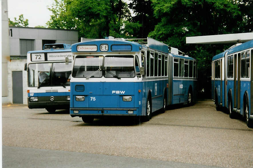 (032'619) - VBZ Z�rich - Nr. 75 - FBW/R&J Gelenktrolleybus am 26. Juni 1999 in Z�rich, Garage Hardau