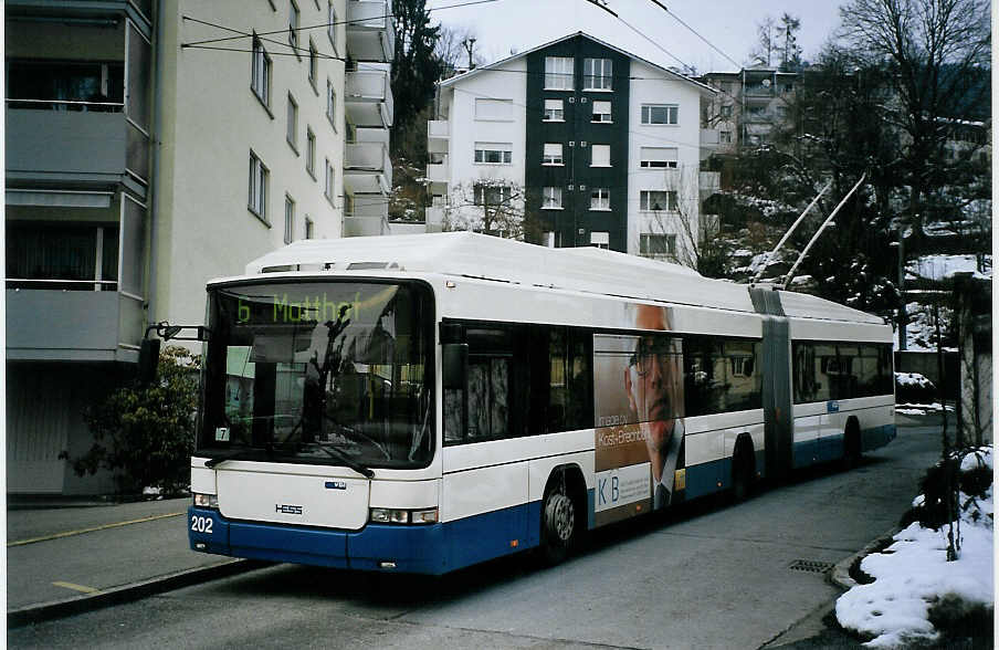 (075'324) - VBL Luzern - Nr. 202 - Hess/Hess Gelenktrolleybus am 25. Februar 2005 in Luzern, W�rzenbach
