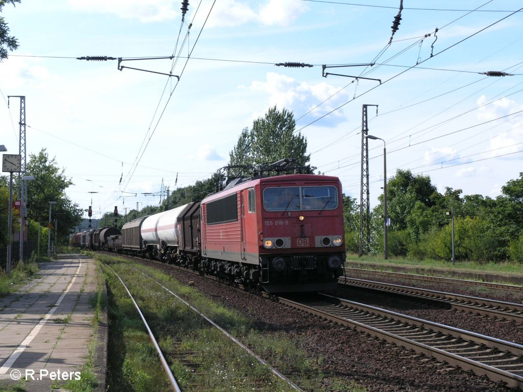 155 016-9 durchfhrt Saarmund mit ein gemischten Gterzug. 17.08.08