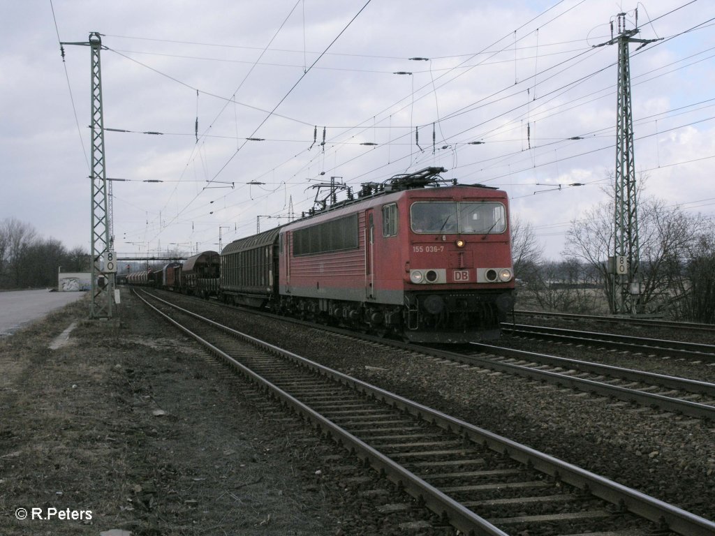 155 036-7 mit gemischten Gterzug in Saarmund. 11.03.11