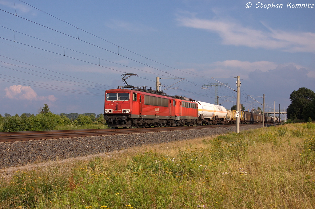 155 127-4 [Verl.|WRS9|28.01.14] DB Schenker Rail Deutschland AG mit der Wagenlok 140 539-8 und einem gemischtem Güterzug in Vietznitz und fuhr in Richtung Wittenberge weiter. 30.07.2013