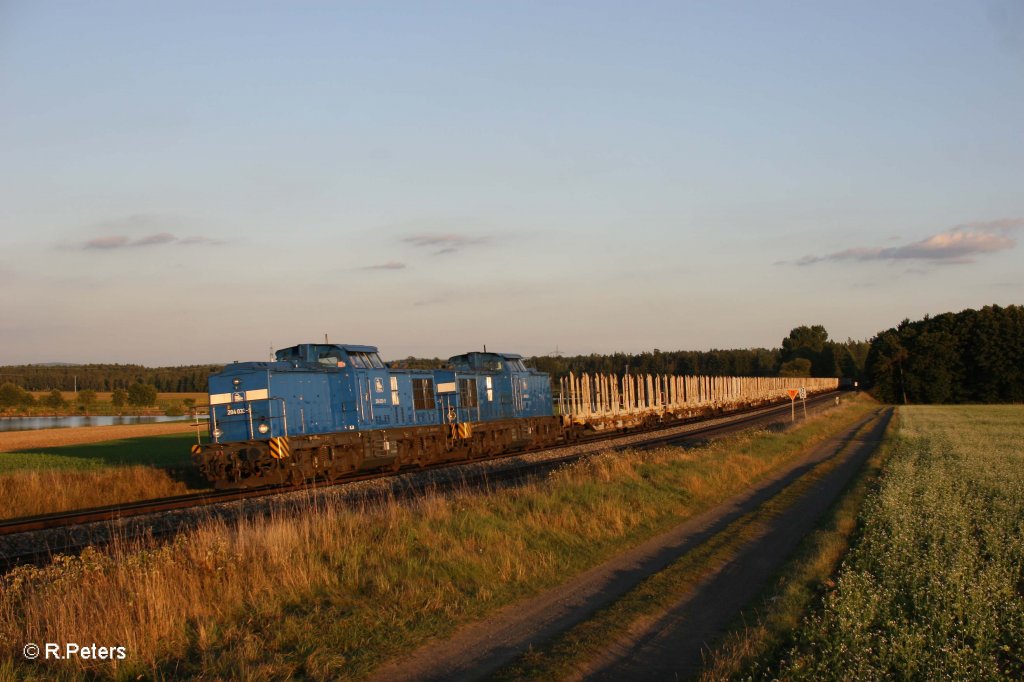 204 033-9 und 204 031-1 ziehen ein langen leeren Holzwagenzug vom ATW Wiesau gen Vogtland bei Oberteich. 08.09.12