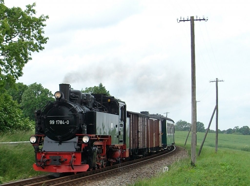 99 1784 am 12.Juni 2010 zwischen Putbus und Lauterbach.