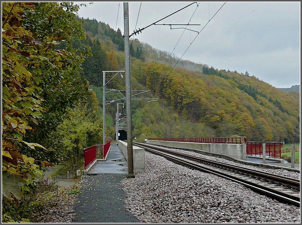 An der Eisenbahnbr�cke in der N�he von Michelau f�hrt ein offizieller, ausgeschilderter Wanderweg an beiden Seiten von dem Gleis vorbei. 25.10.09 (Hans)