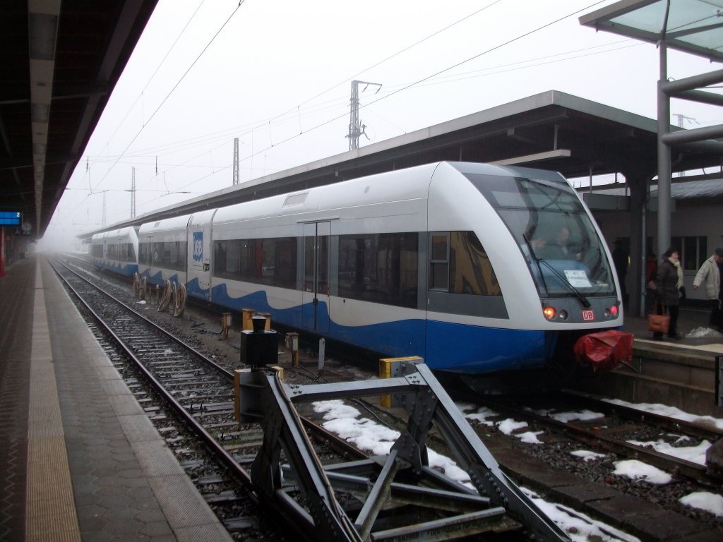 Ankunft von UBB-Triebwagen 646 121 vorn und 646 125 am 14.Januar 2011 in Stralsund,die auf der Strecke zwischen Neustrelitz und Stralsund als RE fuhren.