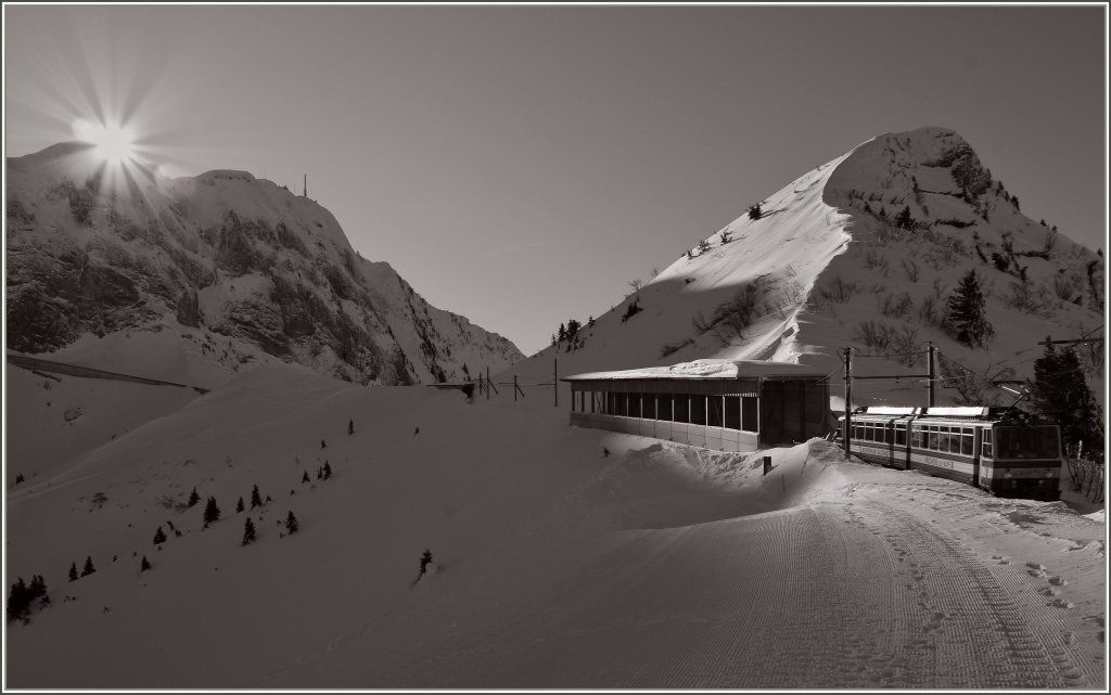 Der Rochers-de-Naye Zug Beh 4/8 304 fährt der Sonne entgegen.
(12.01.2012)