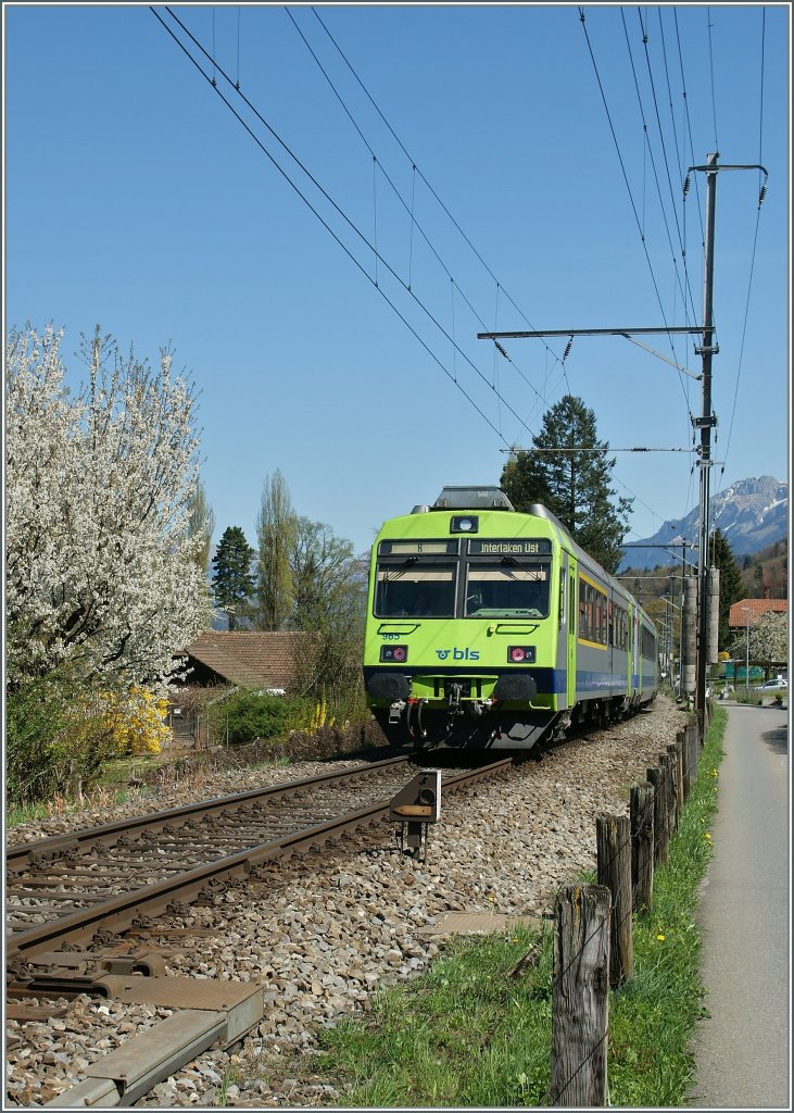 Ein BLS Regionalzug nach Interlaken Ost verl�sst Leissigen.
9. April 2011